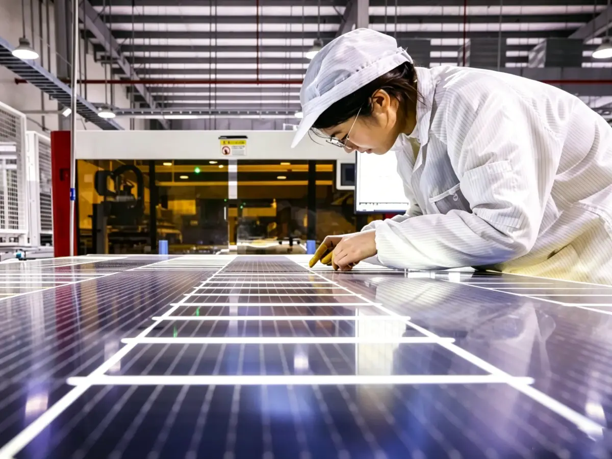 Professional QC technician inspecting solar panel performance in Gaotu factory strict quality control workshop for OEM solar products