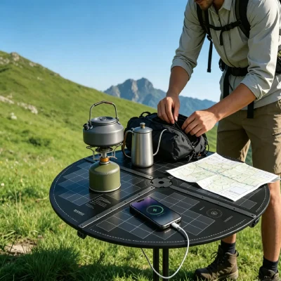 70W Solar Charging Table Used in Outdoor Camping Activities GTPOW 70W Solar Table Outdoor Camping Scene, Foldable Solar Charging Table for Off-Grid Travel
