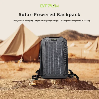 GTPOW 13W solar backpack outdoor camping scene, portable solar travel backpack