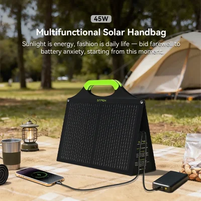 45W Solar Charger Tote Outdoor Camping Usage GTPOW 45W portable solar charger tote used outdoors for camping travel charging