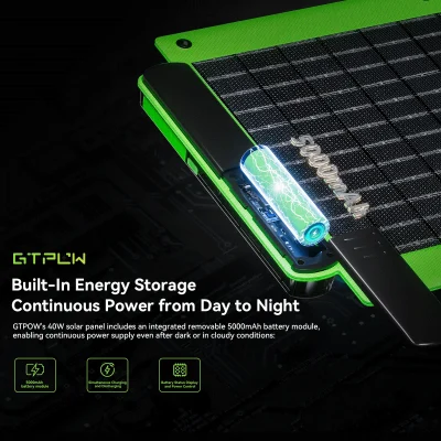Detachable 5000mAh Battery for 40W Bifacial Solar Panel GTPOW 40W solar panel built-in detachable 5000mAh battery module closeup
